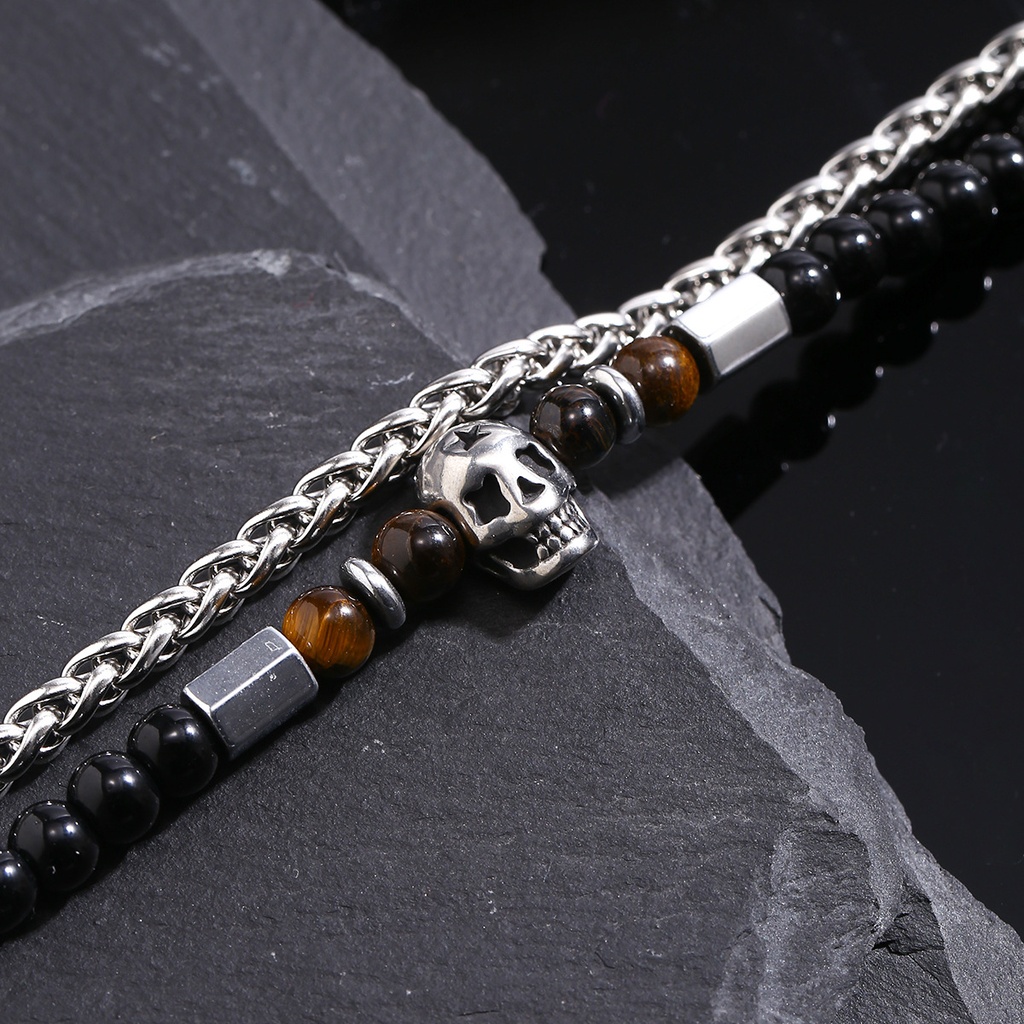 PULSERA CALAVERA PIEDRA OJO DE TIGRE