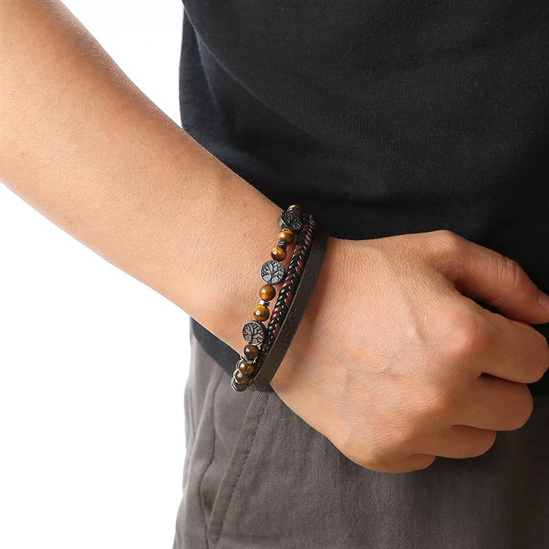 PULSERA DOBLE CUERO + PIEDRA AGATA & DIJE BONSAI