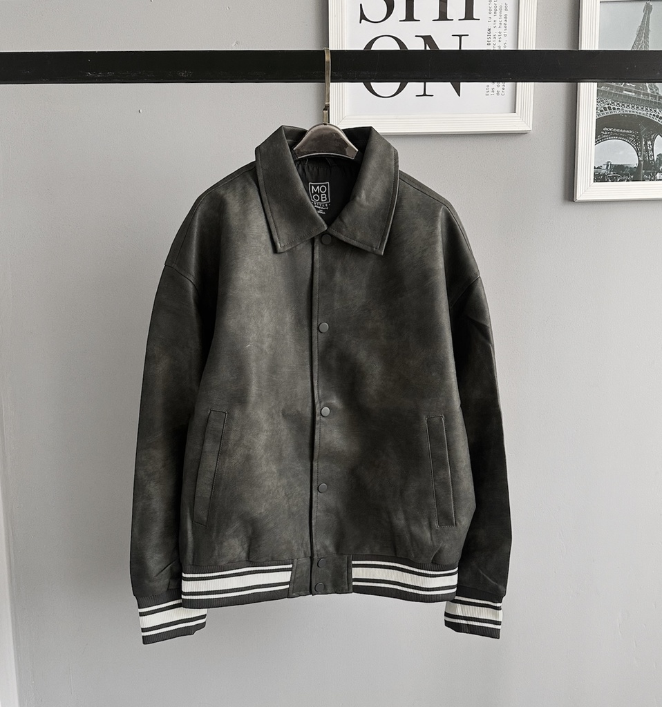 BIO-LEATHER VARSITY JACKET PLOMO OSCURO