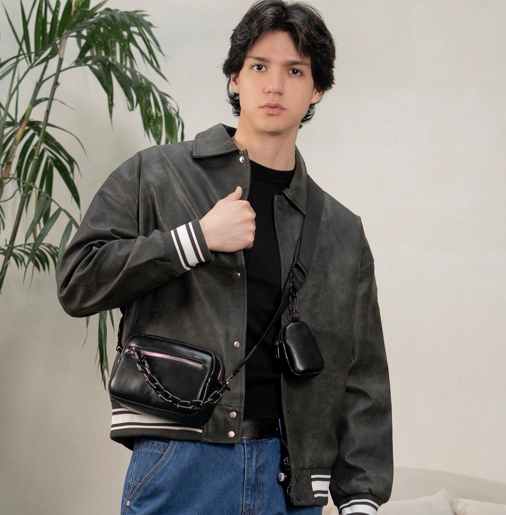 BIO-LEATHER VARSITY JACKET PLOMO OSCURO
