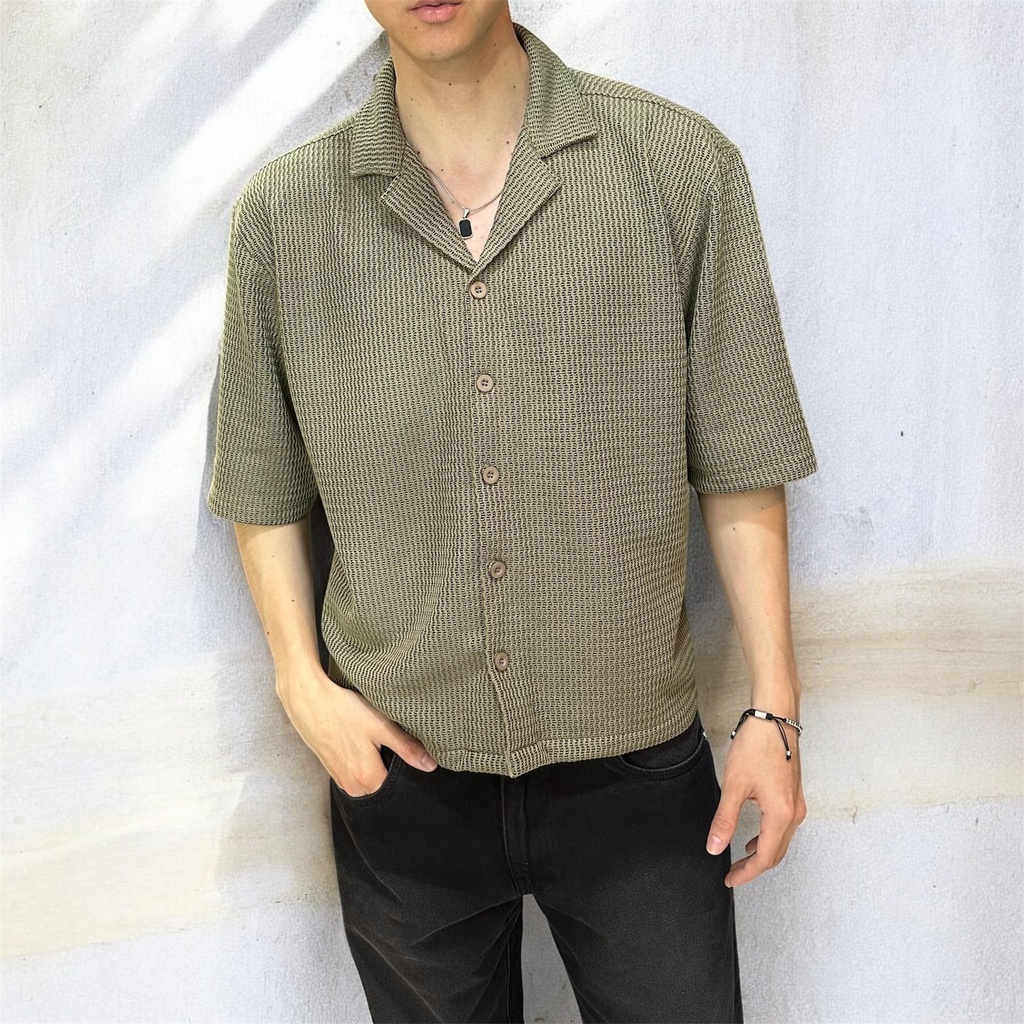 CAMISA CUBANA TEXTURA TEJIDA   OLIVO